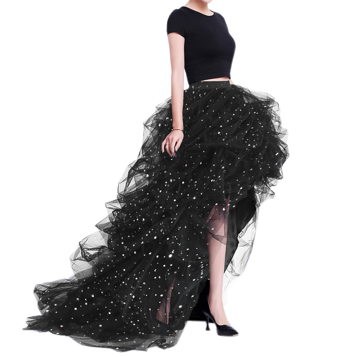 WDPL Women’s High Low Ruffled Tulle Skirt, Long Back Hem for Party Evening
