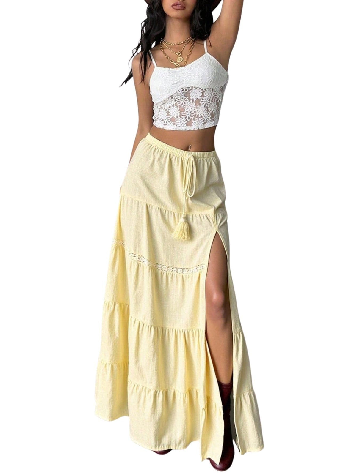Verdusa Women's Long Maxi Skirts Boho Western Country Cncert Outfits Lace Skirt Split Layered Ruffle Skirt