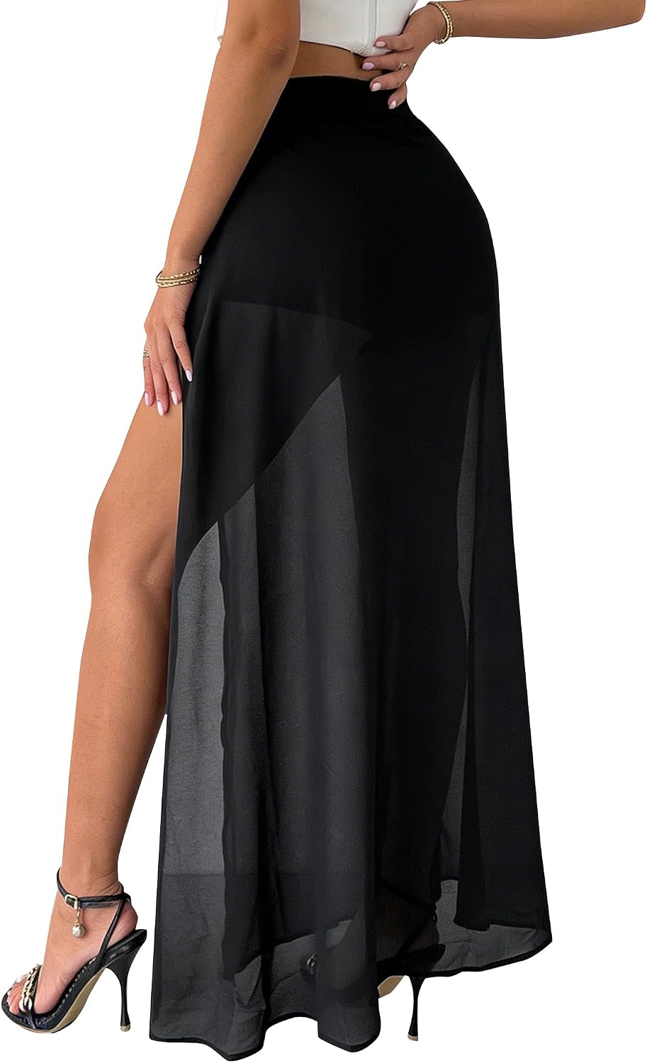 Avanova Women Double High Slit Mesh Sheer Maxi Skirt with Shorts