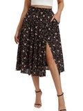 Belle Poque Women's Floral Midi Skirts with Slit High Waist Pleated Skirts Flowy A-Line Skirt with Pockets Spring Summer 2026