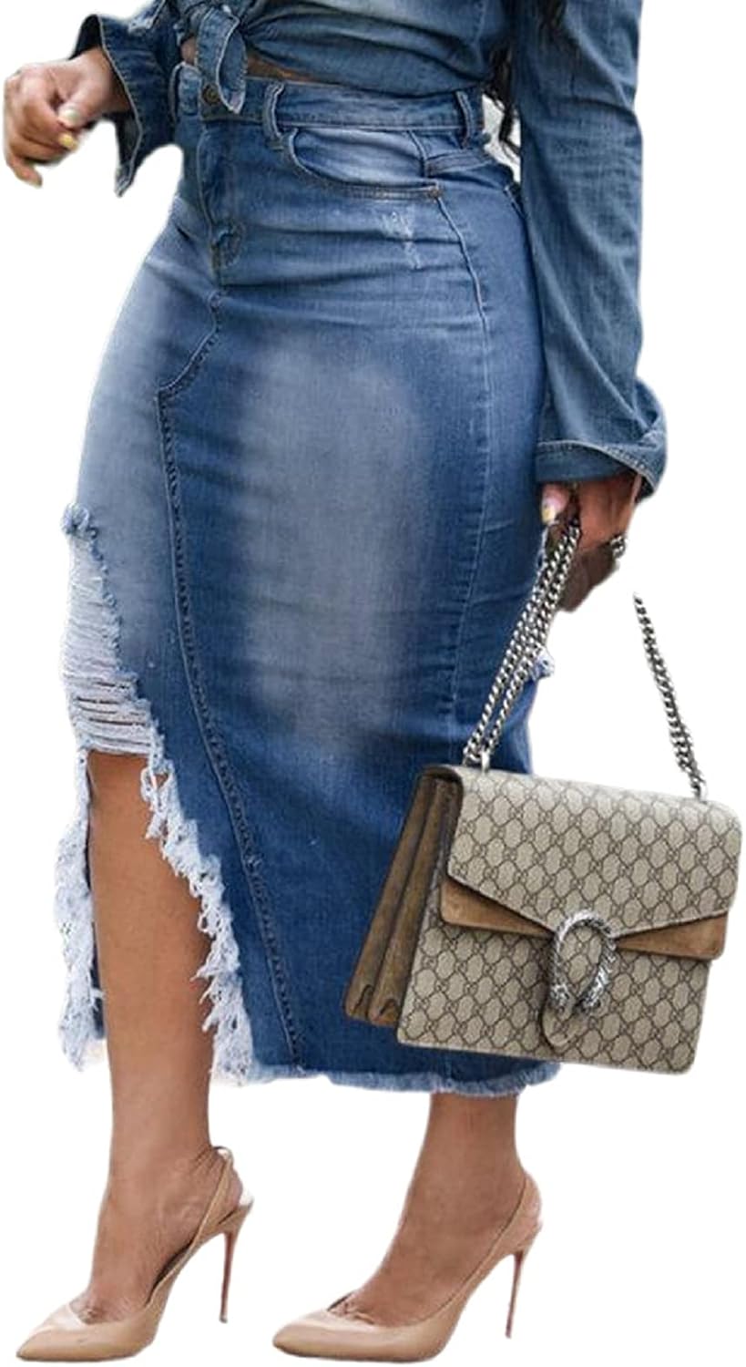 CaniBtr Women's Casual Slit Denim Midi Jean Skirt Stretch with Pockets