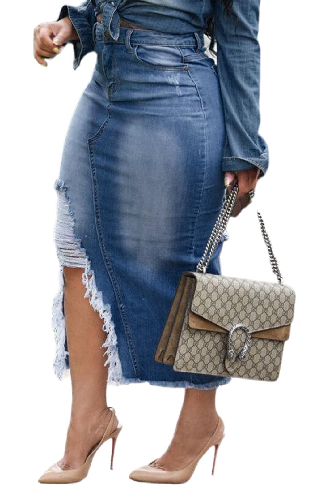 CaniBtr Women's Casual Slit Denim Midi Jean Skirt Stretch with Pockets