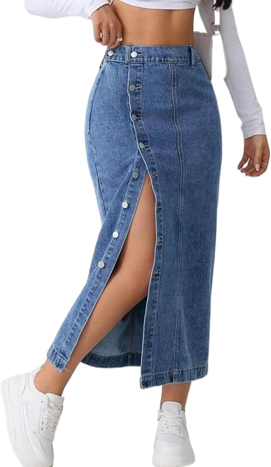 CaniBtr Women's Casual Slit Denim Midi Jean Skirt Stretch with Pockets