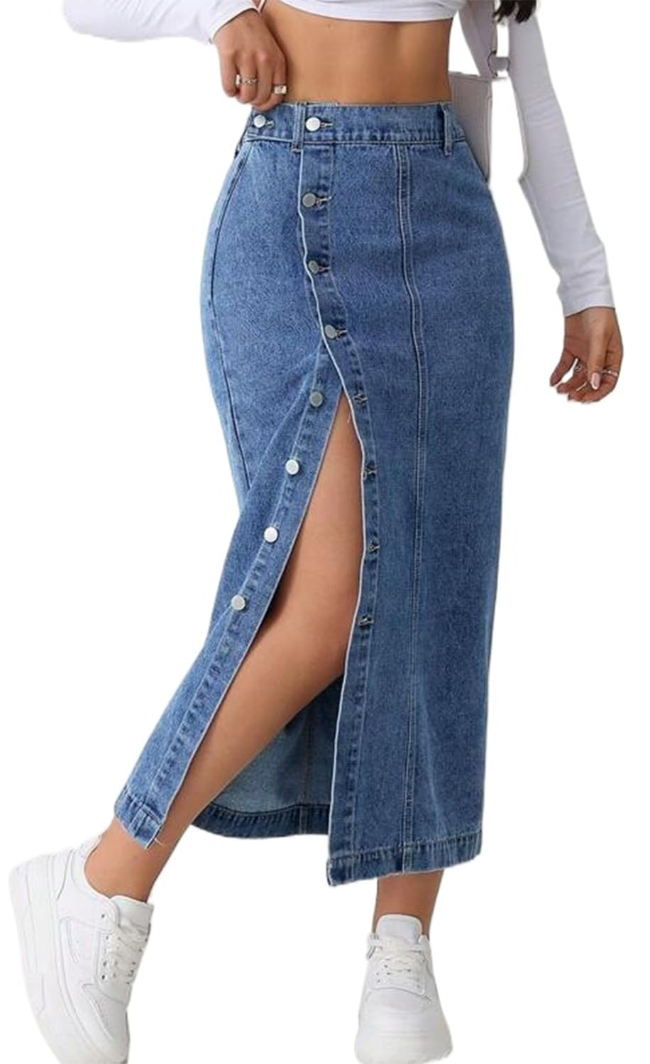 CaniBtr Women's Casual Slit Denim Midi Jean Skirt Stretch with Pockets
