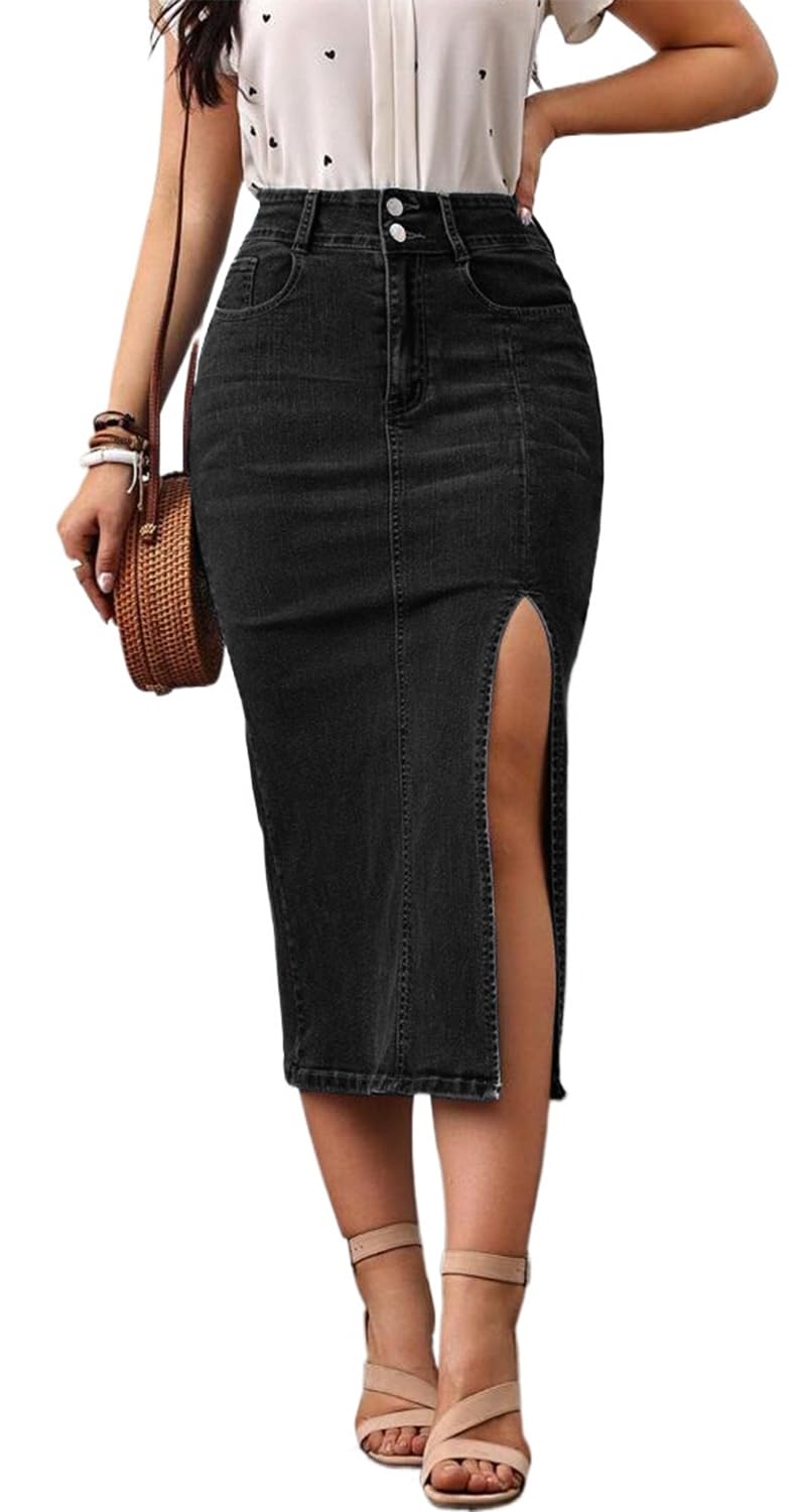 CaniBtr Women's Casual Slit Denim Midi Jean Skirt Stretch with Pockets