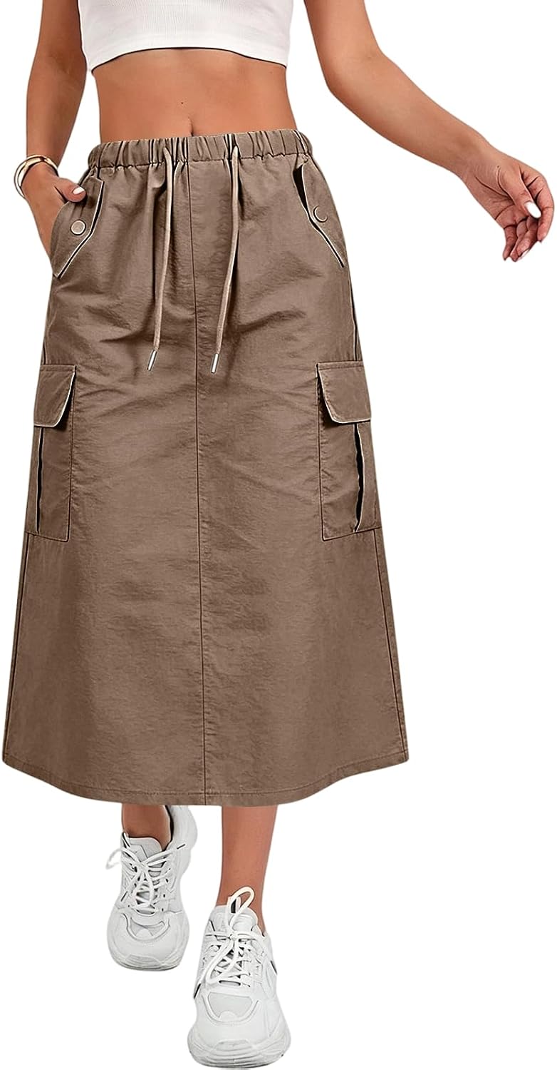 Cargo Skirts for Women Summer Trendy Quick Dry Midi Skirts Drawstring Hiking High Wasited A Line Skirt with Pockets