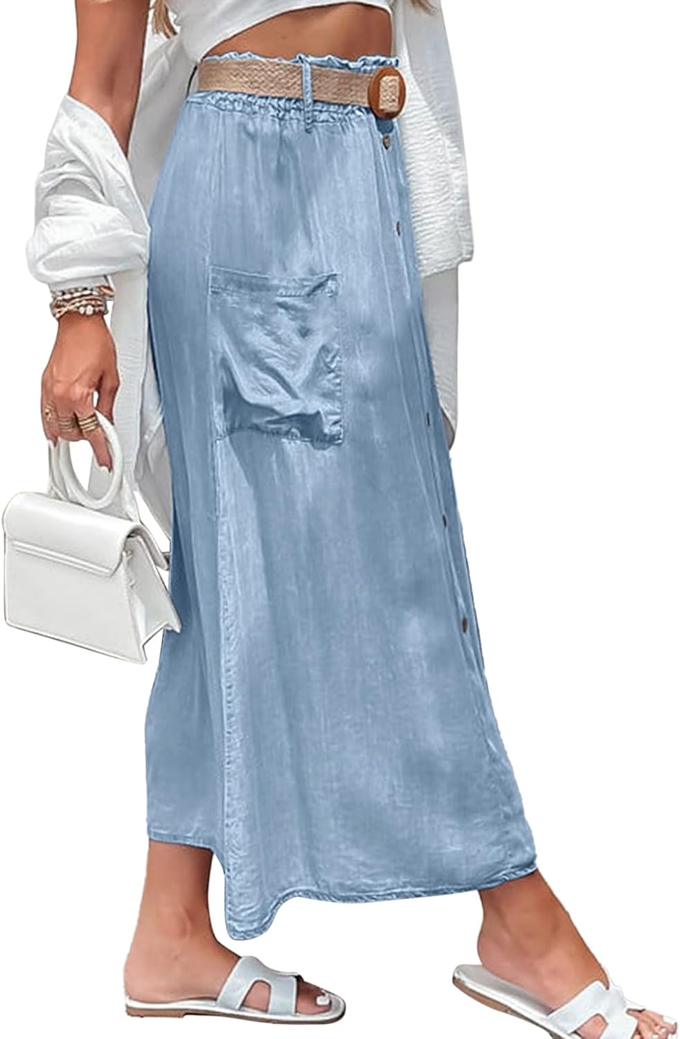 loveimgs Women Summer Elastic Waist Flowy Tencel Denim Maxi Skirt A Line Button Ruffle Cargo Long Jean Skirt Boho Lightweight