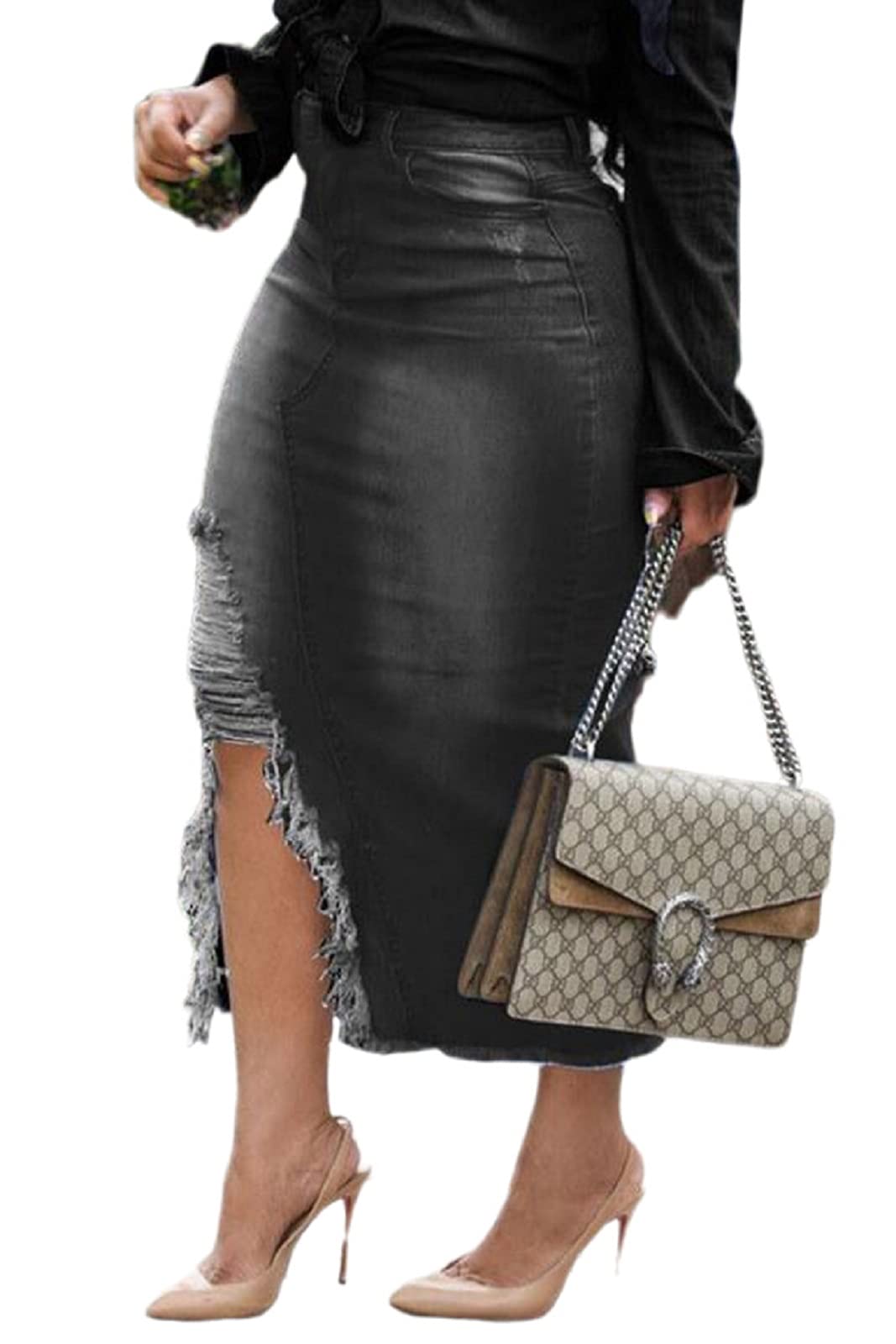CaniBtr Women's Casual Slit Denim Midi Jean Skirt Stretch with Pockets