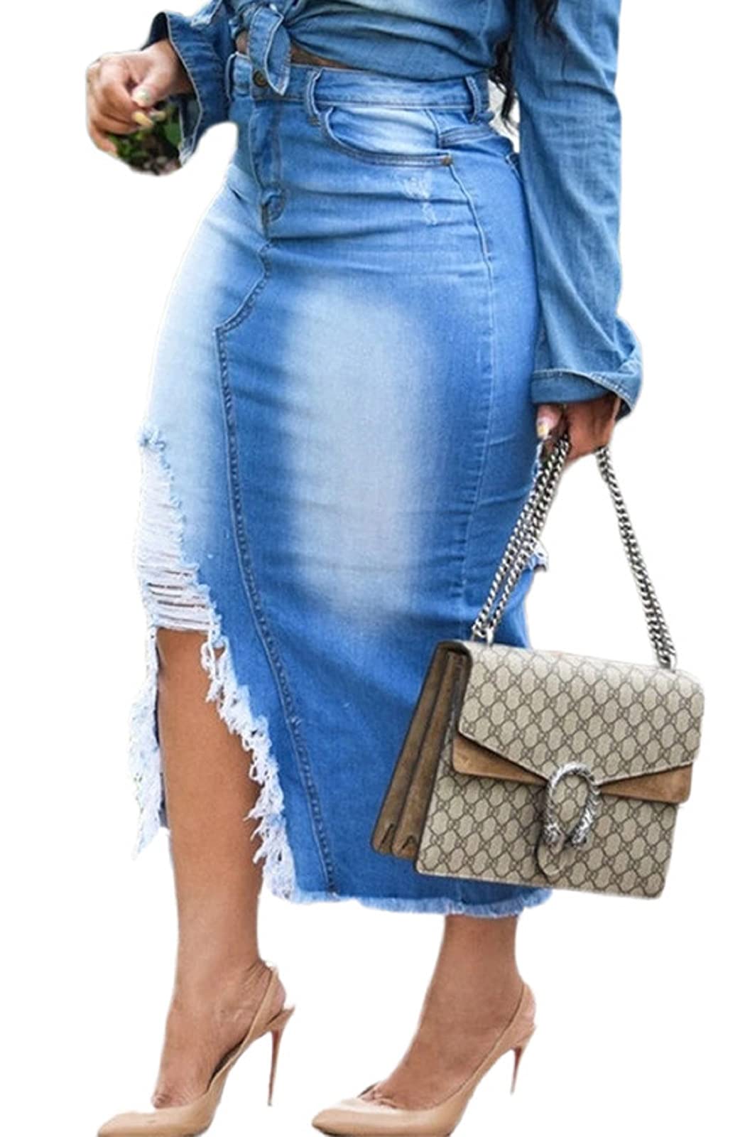 CaniBtr Women's Casual Slit Denim Midi Jean Skirt Stretch with Pockets