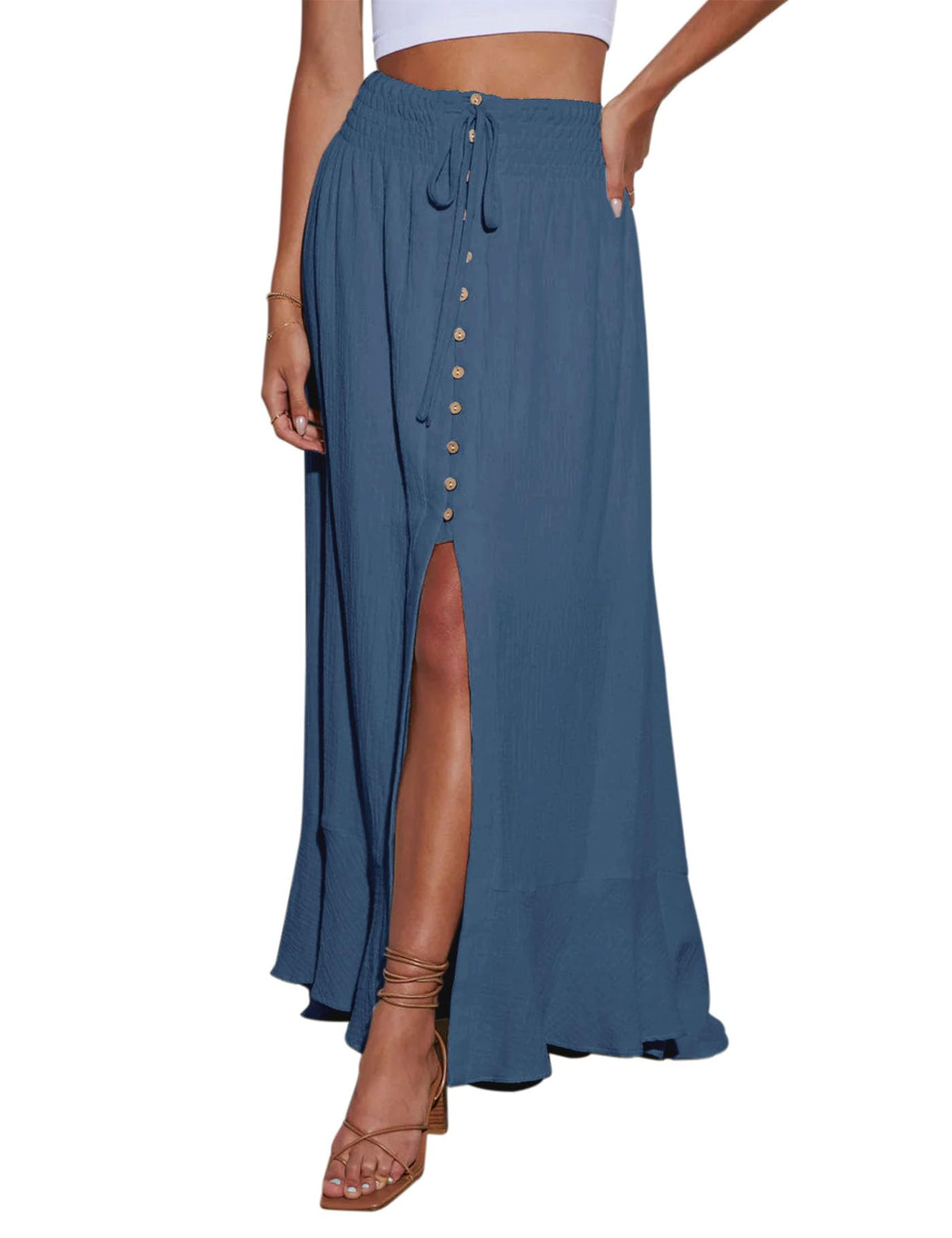 Minclouse Women's Elastic Tie Waist Button Down Maxi Skirts Casual Loose Flowy Swing Slit Front Dress