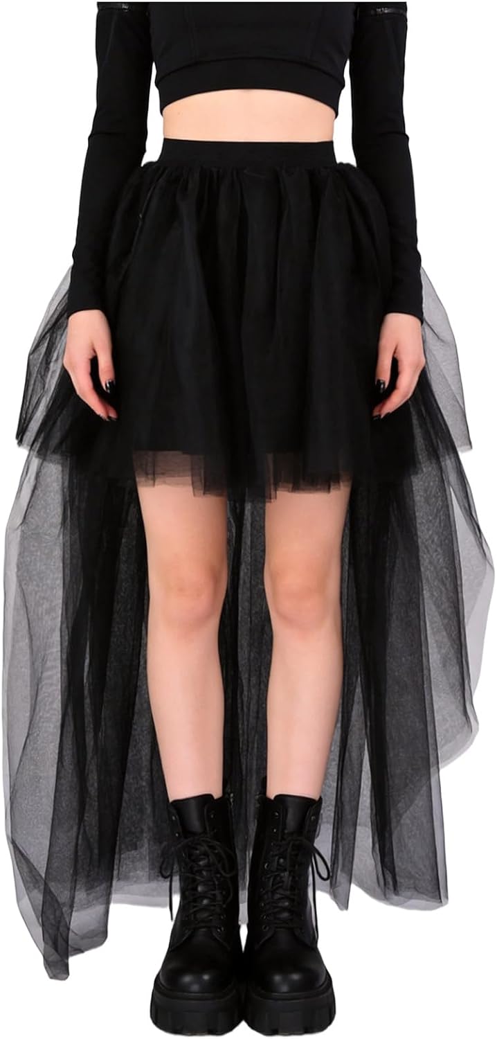 Women High Low Tutu Tulle Bustle Skirt Elastic Waist Dovetail Skirts for Wedding Party Performance