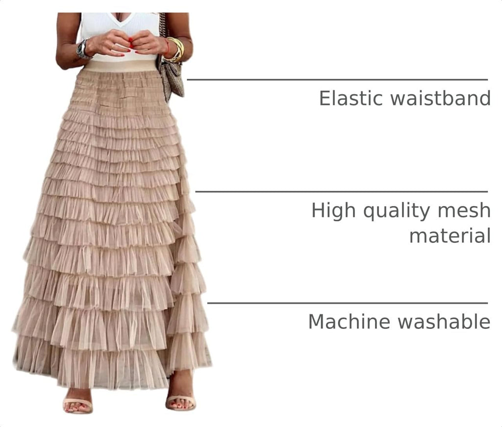Flygo Women Long Maxi Tiered Tulle Skirts A Line Ruffle Layered Fairy Skirt