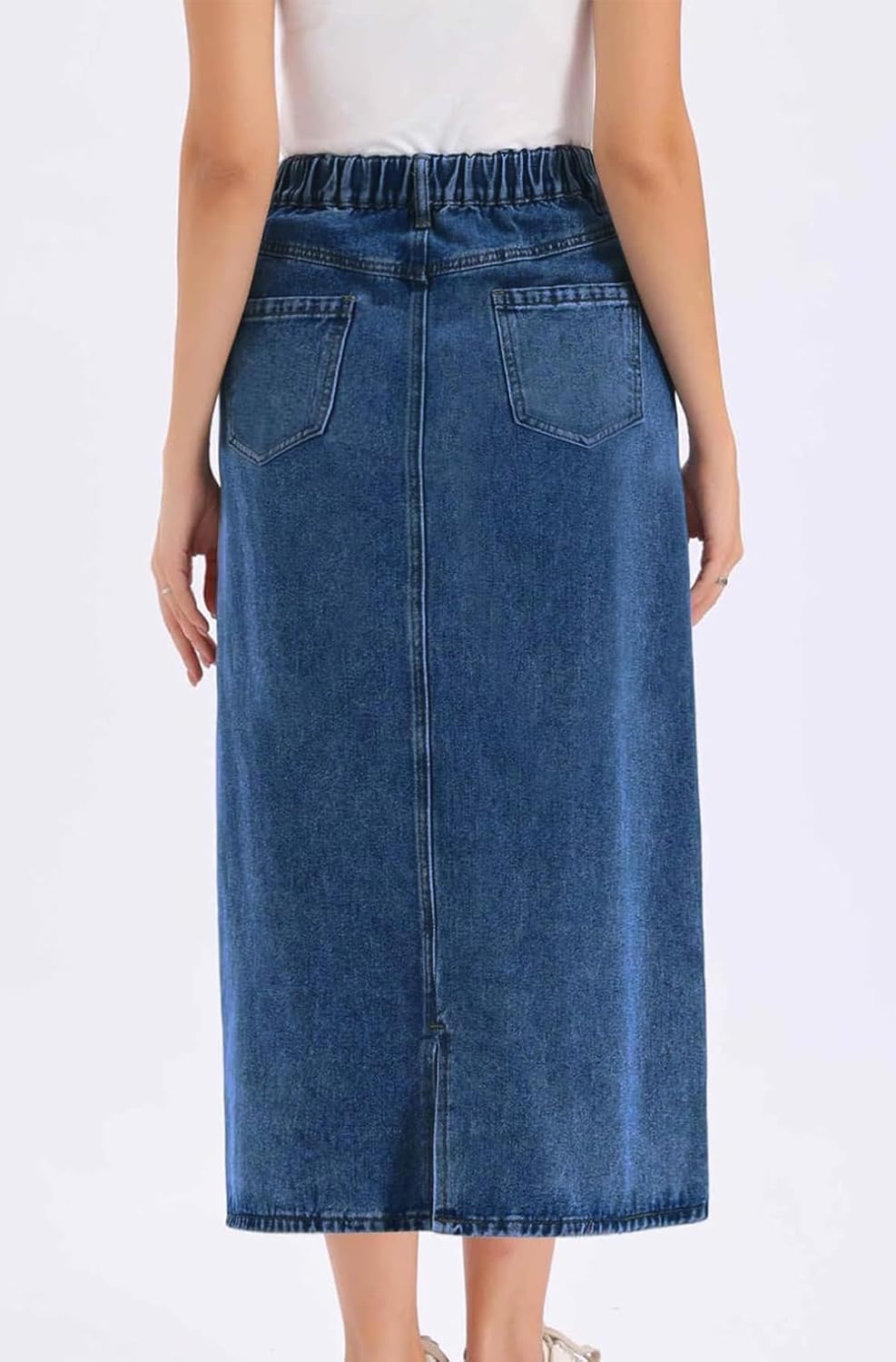 ebossy Women's Vintage Denim Skirt High Waist A Line Back Slit Mid Long Wash Jean Skirt with Pockets