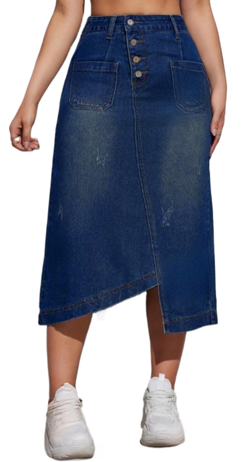 CaniBtr Women's Casual Slit Denim Midi Jean Skirt Stretch with Pockets