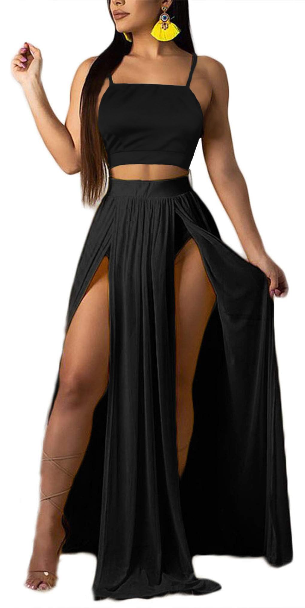 Women Sexy 2 Piece Outfits Dress Chiffon Strap Deep V Neck Bra Crop Top High Split Maxi Dresses Skirt Set