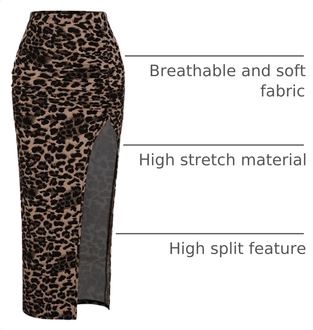 BEAUDRM Women's Leopard Print Slit Split Maxi Skirt Ruched Y2K Long Skirts