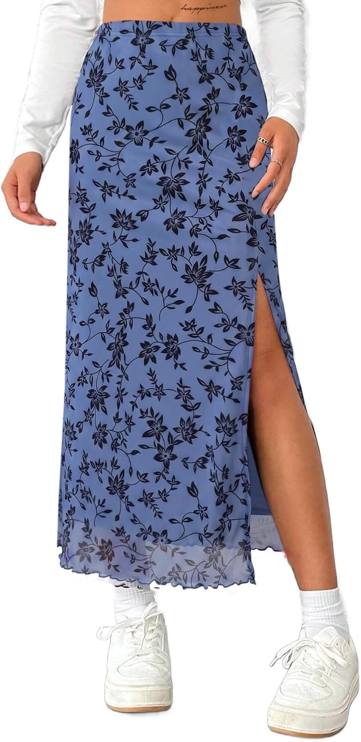 Avanova Women's Mesh Slit Split Long Skirts High Waisted Sexy Summer Maxi Skirts