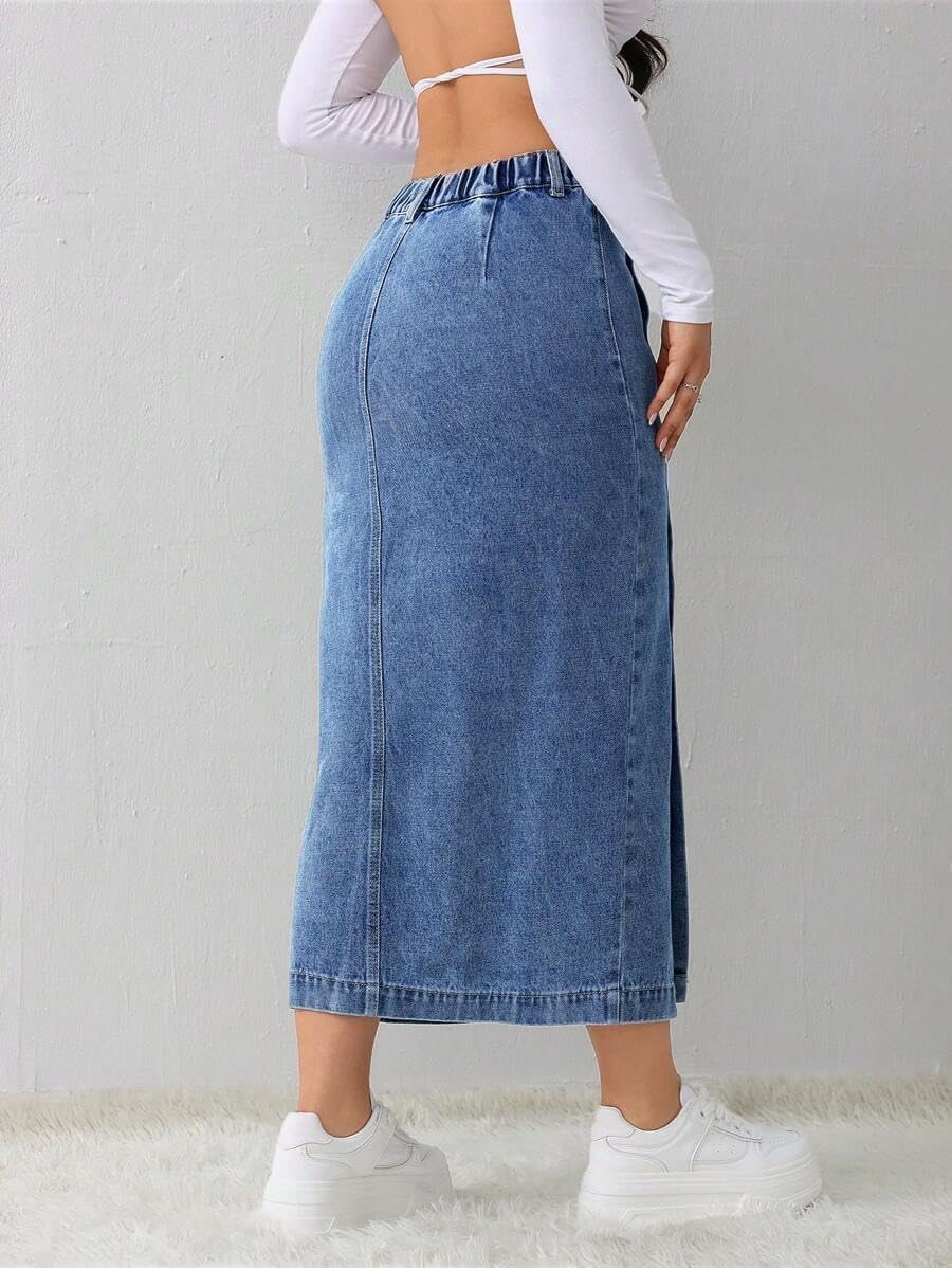 CaniBtr Women's Casual Slit Denim Midi Jean Skirt Stretch with Pockets