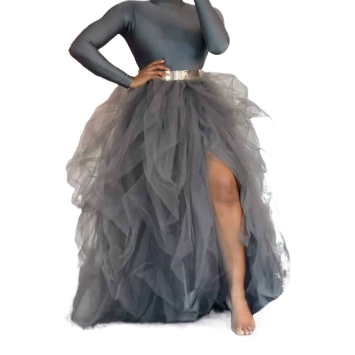 Women's Tulle Maxi Skirt Floor Length Layered Elastic High Waist Split Skirt A-Line Puffy Lace Mesh Tutu Skirt