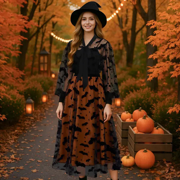 CHICWISH  Women's Velvet Bats Mesh Tulle Midi Skirt in Pumpkin for Halloween Party or Any Occasion, Autumn, Winter Outfit, Festive Outfit Womenswear Bottom