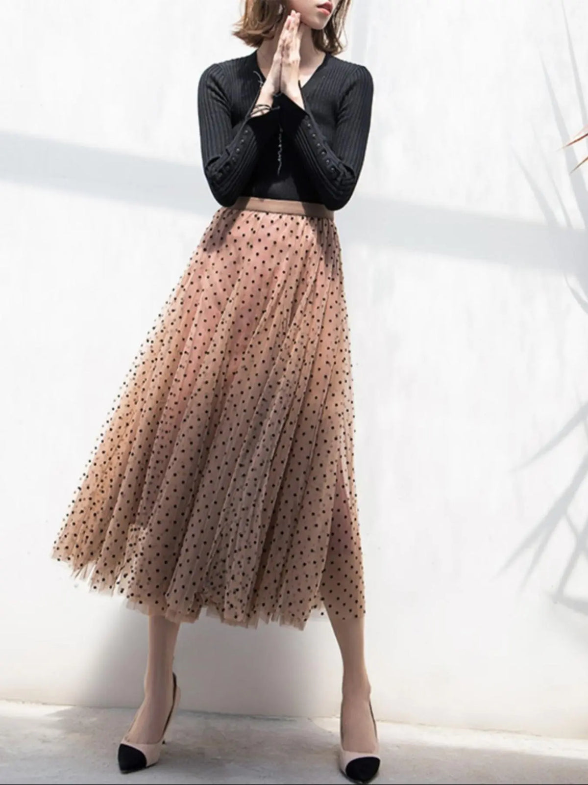Women's Polka Dot Print Contrast Mesh Tape Ruched A Line Lightweight Breathable Tulle Fabric Bottom Skirt, Elegant Chic Fashion Casual Skirt for Daily Vacation Holiday Beach, Ladies Summer Clothes Fit