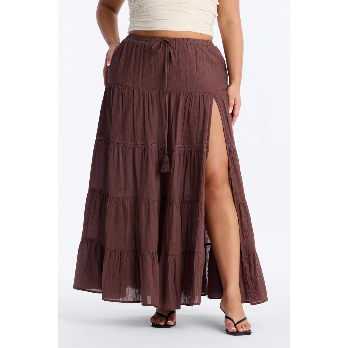 Bohemian High Slit Tiered Gauze Maxi Skirt - Brown