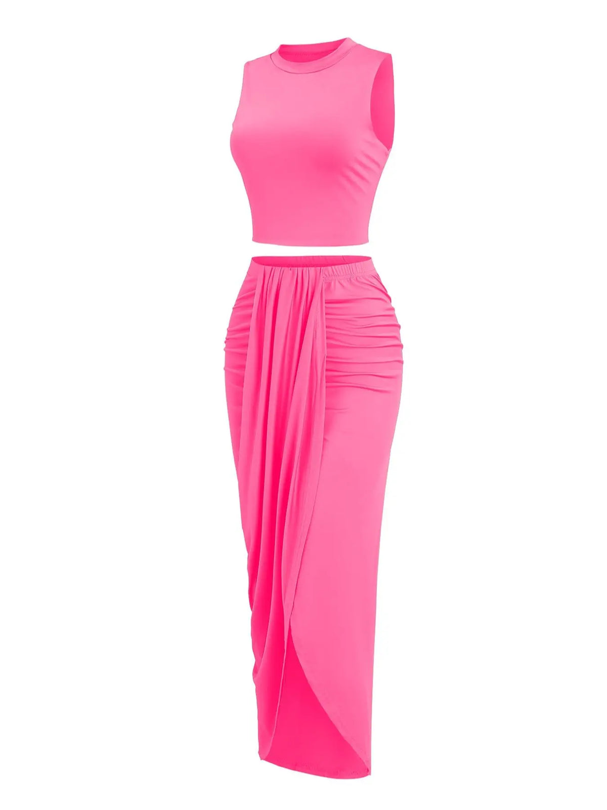 Women's Solid Crop Tank Top & Ruched Asymmetrical Hem Split Skirt Set, Casual Chic Minimalist Style Mock Neck Sleeveless Top & High Waist Wrap Skirt, Cute Summer Outfit Clothes, Beach Outfits Set