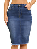 INSPIRE CHIC Women's Denim Skirt Raw Hem High Waisted Pockets Stretch Knee Length Jean Skirts