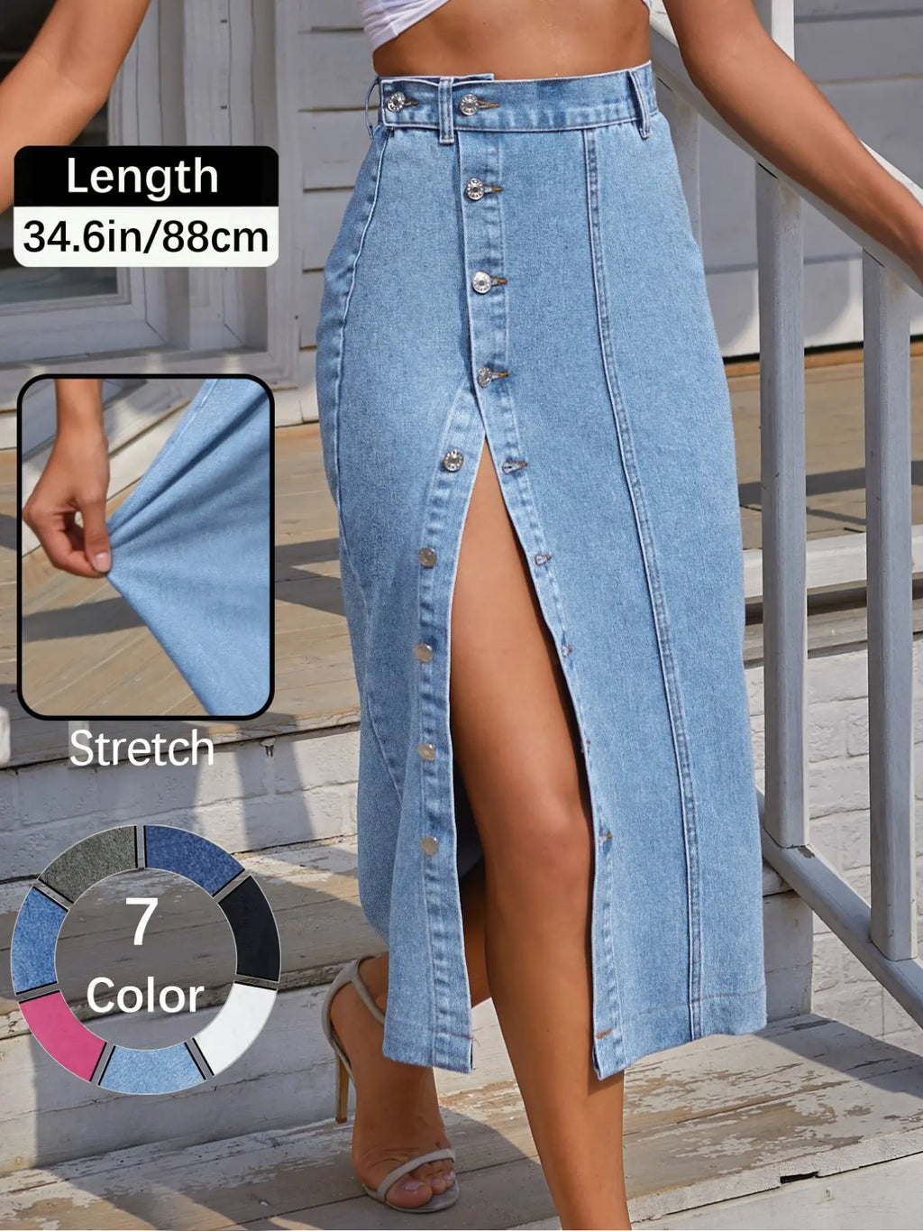 OBlue Jeans Women's  Button Front Light Wash Denim Split Hem Skirt, Casual Fashion Fitted Skirt for Daily Wear, Ladies Bottoms for All Seasons, Button Fly Skirt, T-Chic, All Season Skirts