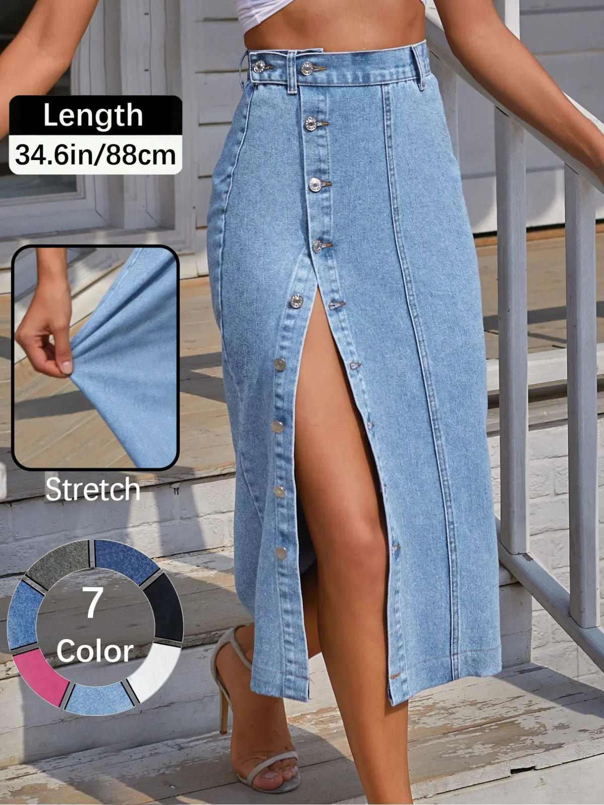 OBlue Jeans Women's  Button Front Light Wash Denim Split Hem Skirt, Casual Fashion Fitted Skirt for Daily Wear, Ladies Bottoms for All Seasons, Button Fly Skirt, T-Chic, All Season Skirts