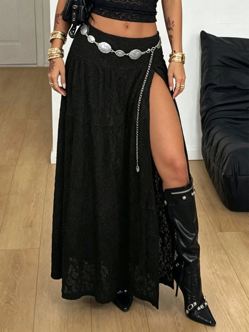 Women's Summer Daily Bohemian Retro Sexy Cutout Mesh Lace High Slit Midi Skirt Home Outdoor City Regular Trendy Casual Elegant Youthful Simple Versatile Texture Stylish Literary Casual Boho Skirt