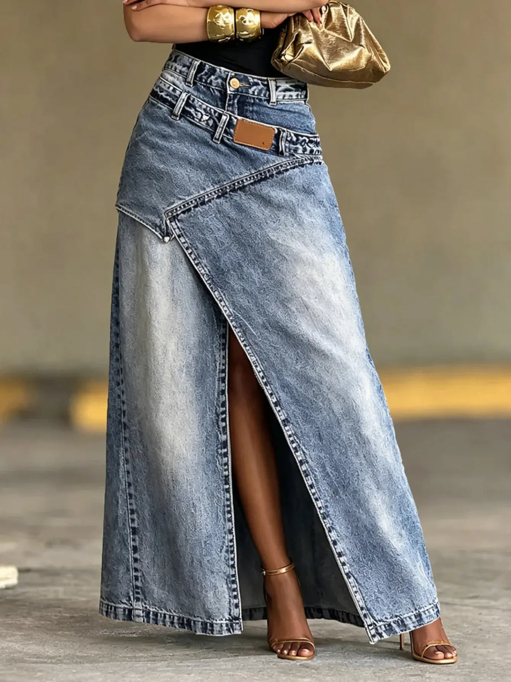 Women's Vintage-washed High-waist Denim Midi-long Skirt With Irregular Spliced Slit Design, Suitable For Spring, Summer, Autumn And Winter