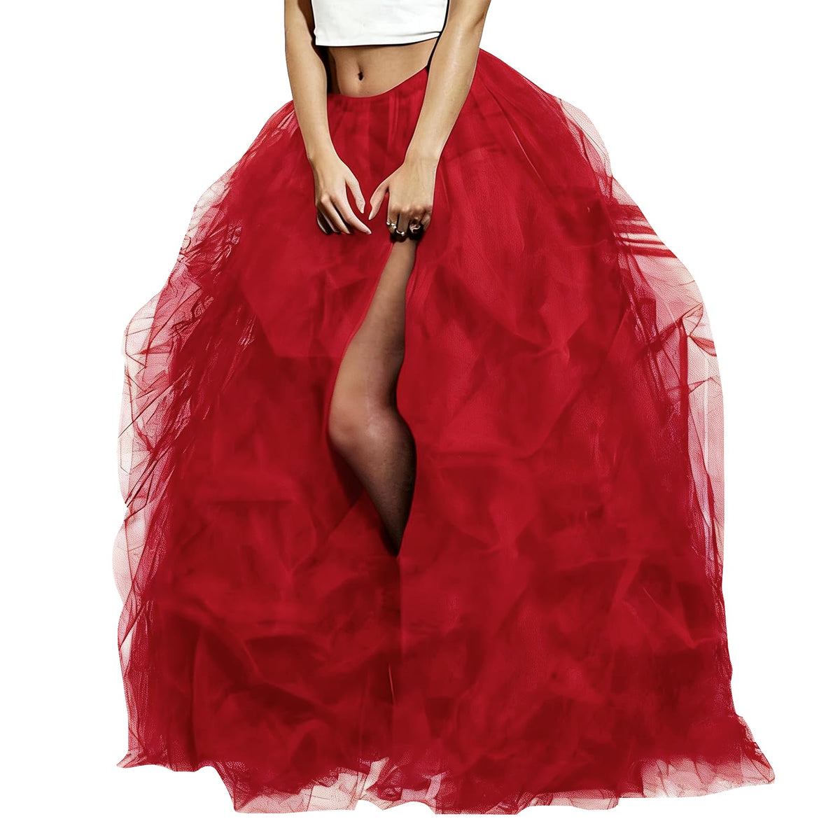 WDPL Women's Long Maxi Slit Tulle Special Occasion Bustle Night Out Skirt