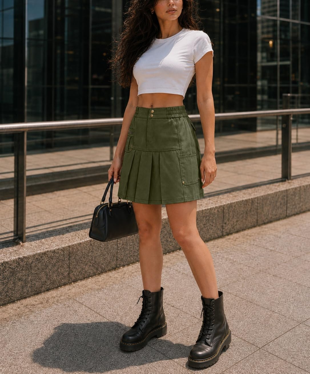 Ladyful Cargo Pleated Mini Skirt for Women Elastic Waist Short Skirt