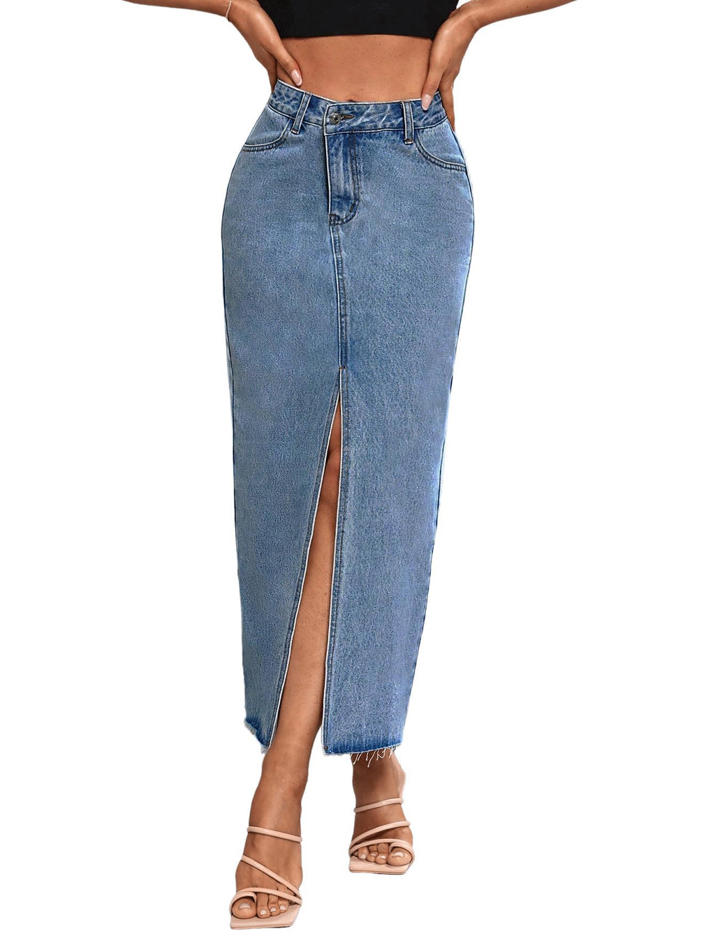 Women's High Waist Stretch Maxi Denim Skirt Front Split Frayed Raw Hem A line Casual Long Jean Skirt