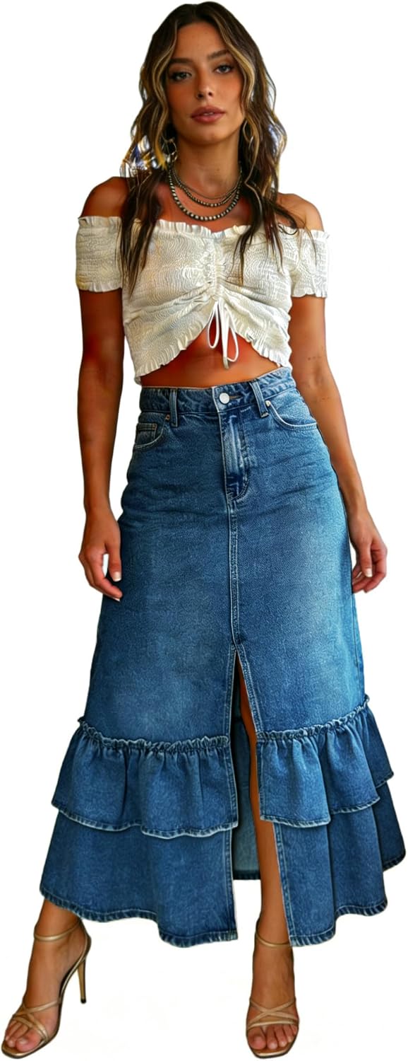 utcoco Women's High Waist Long Denim Skirt Sexy Slit Tiered Ruffle Swing A-Line Jean Maxi Skirt with Pockets