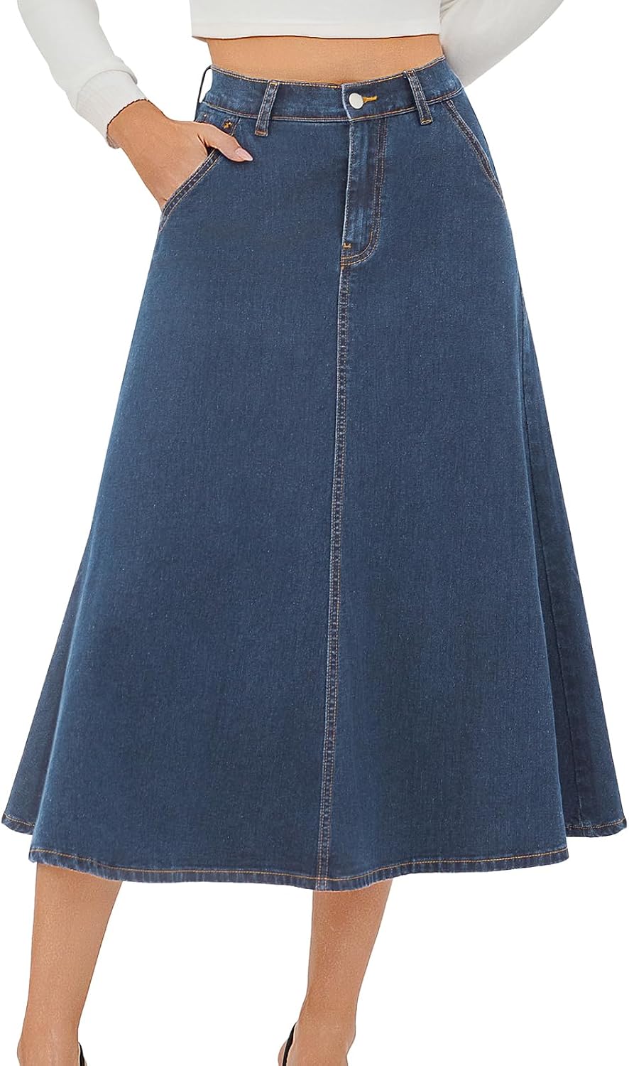 HUSKARY Women's Stretchy High Wasited A Line Long Maxi Jean Skirt Below Knee Length Flared Midi Denim Skirts with Pockets
