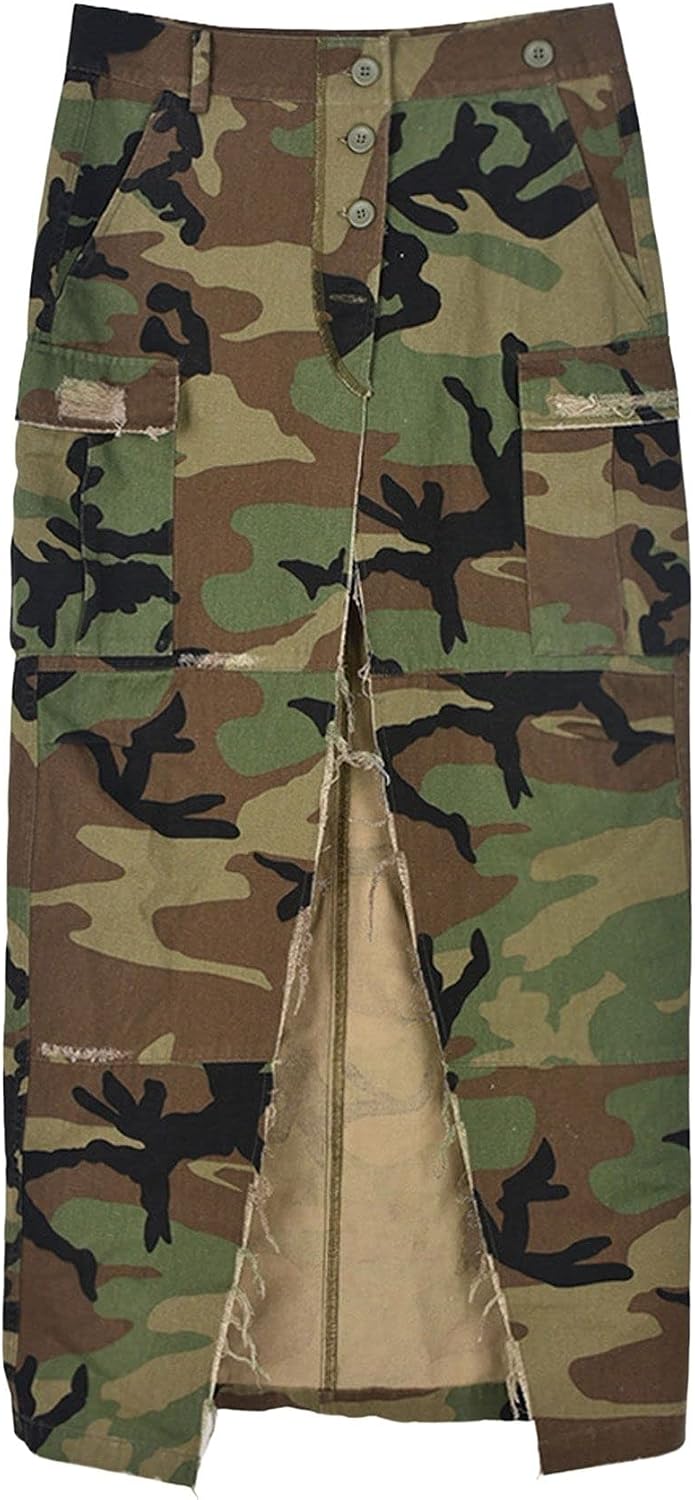 CHARTOU Women Camouflage Skirt Camo Maxi Pencil Skirt Bodycon Button Slit Cargo Skirt with Pocket