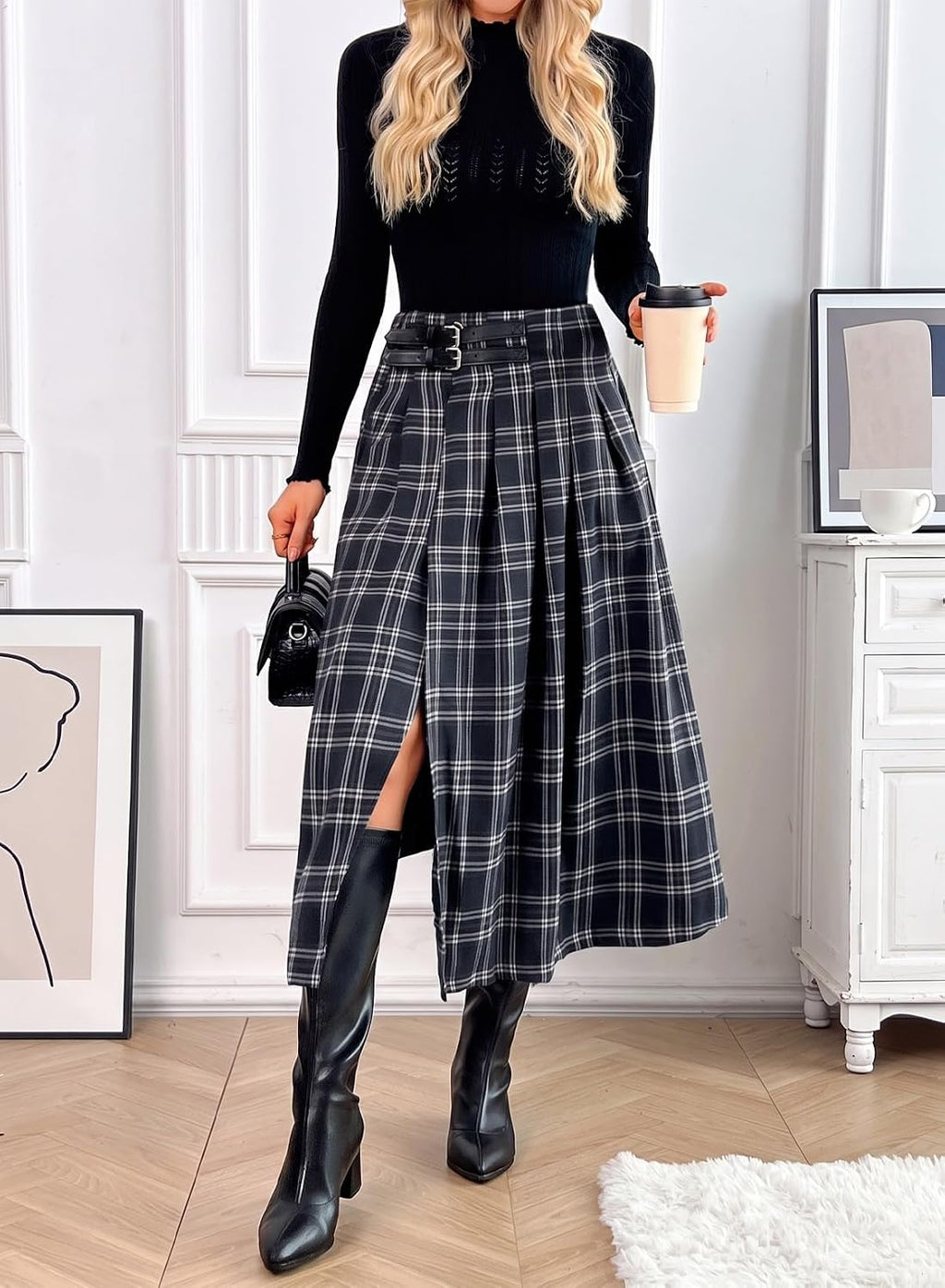 Pink Queen High Waist Side Slit Plaid Skirts for Women Midi Length