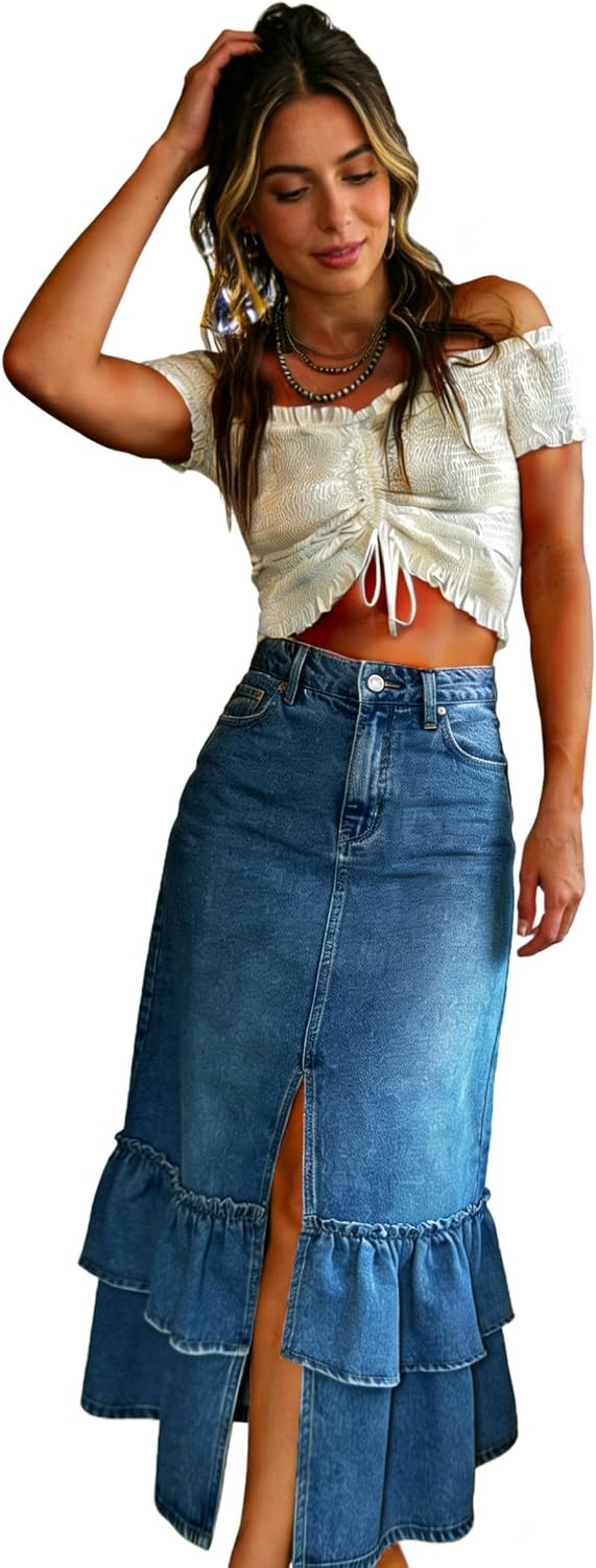 utcoco Women's High Waist Long Denim Skirt Sexy Slit Tiered Ruffle Swing A-Line Jean Maxi Skirt with Pockets