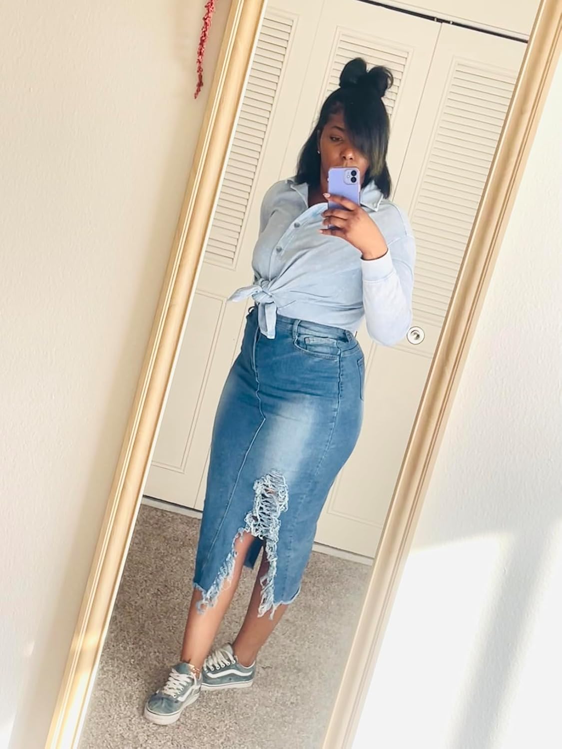 CaniBtr Women's Casual Slit Denim Midi Jean Skirt Stretch with Pockets