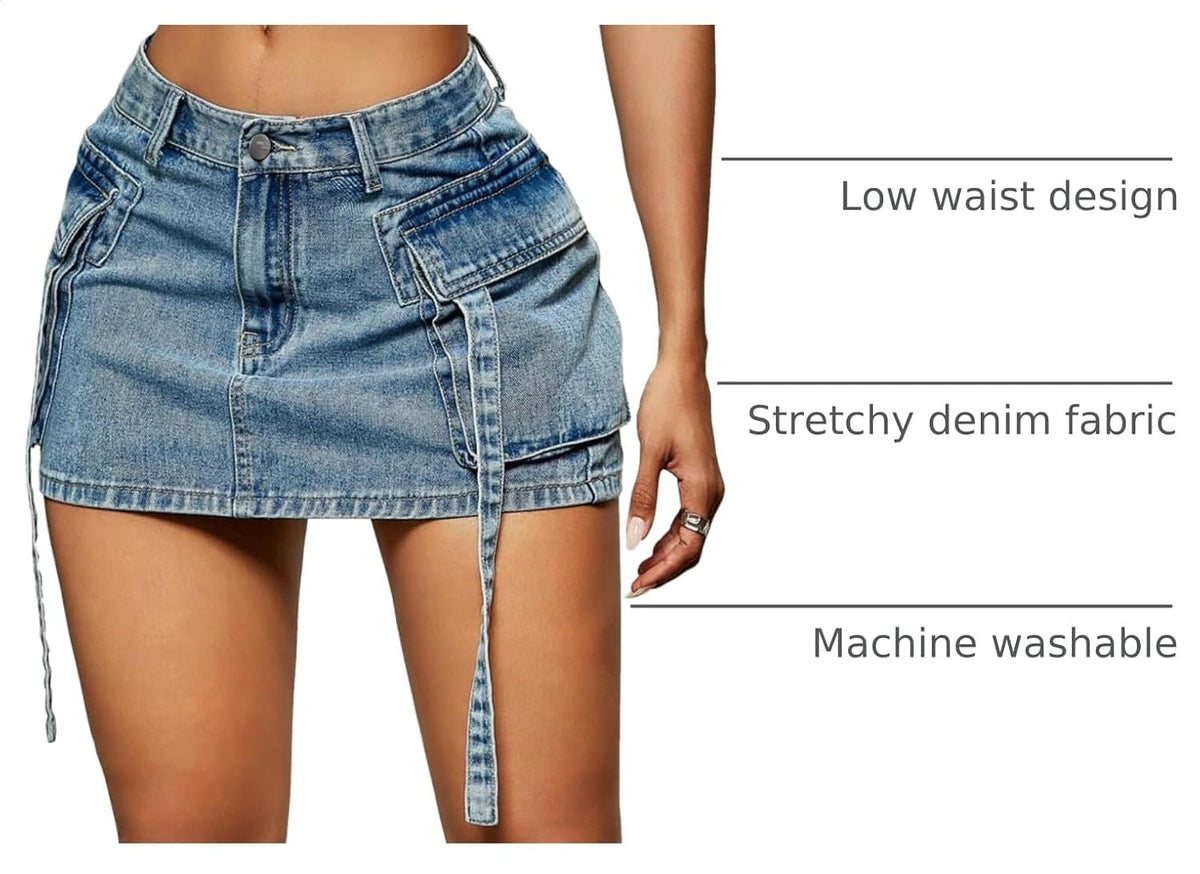 LOLILRSD Women Cargo Skirt Denim Mini Low Waist Y2K Jean Skirt with Pockets