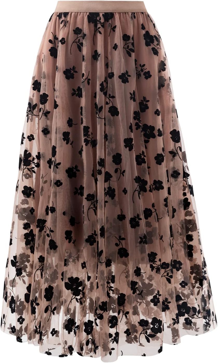 Reaowazo Skirts for Women Midi Long Length Dressy Casual Trendy Summer Tulle A-Line Floral High Waist Skirt