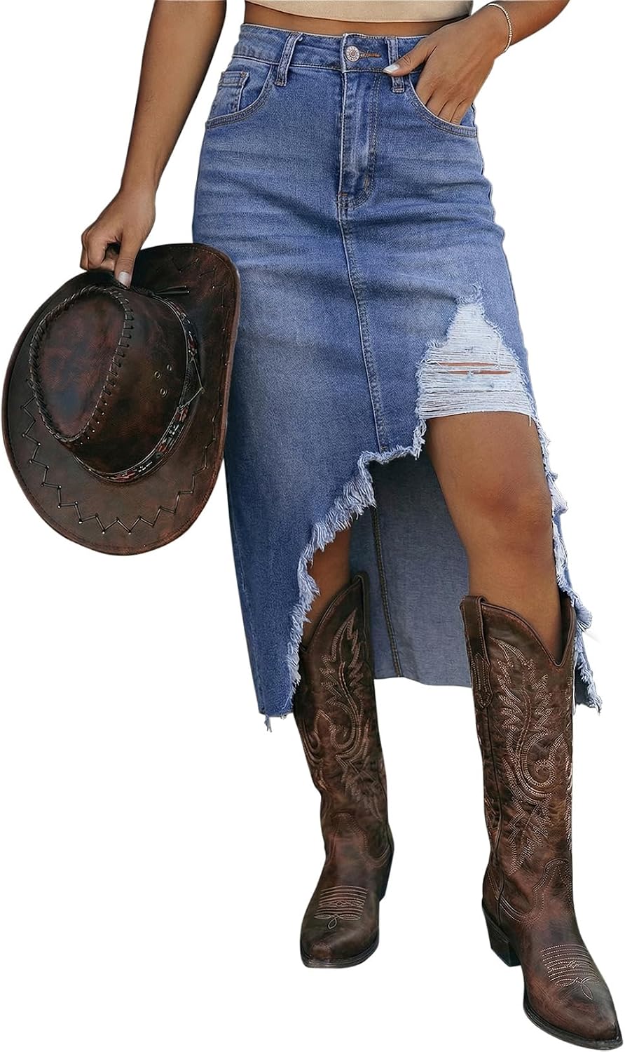 Dokotoo High Waisted Denim Skirt for Women Distressed Summer Button Front Ripped Midi Jean Skirt