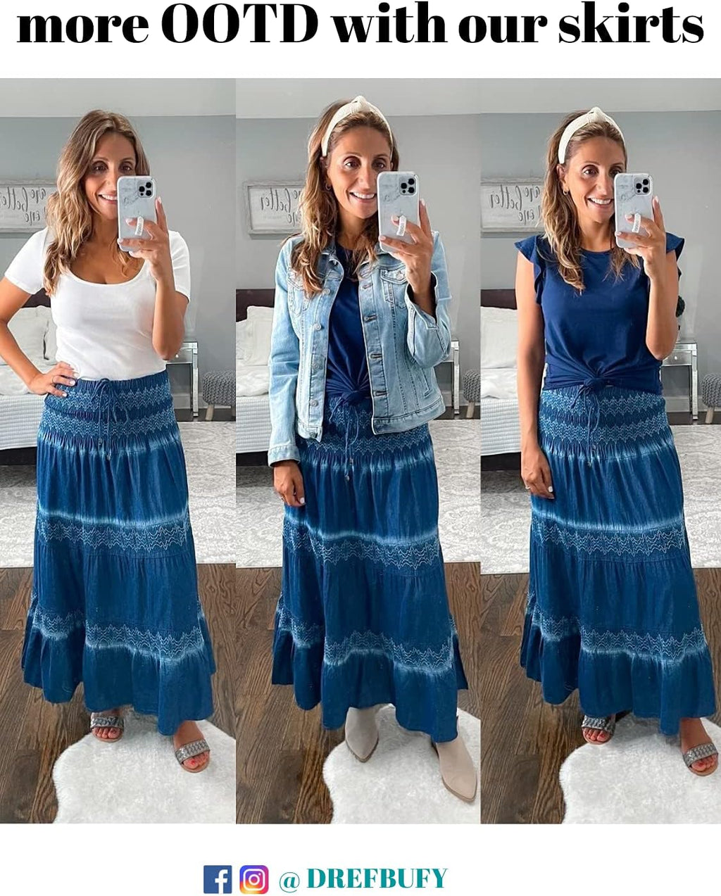 DREFBUFY Womens Denim Skirt High Waist Pleated Tiered Long Skirts Maxi Casual Style Jean Dress for Women