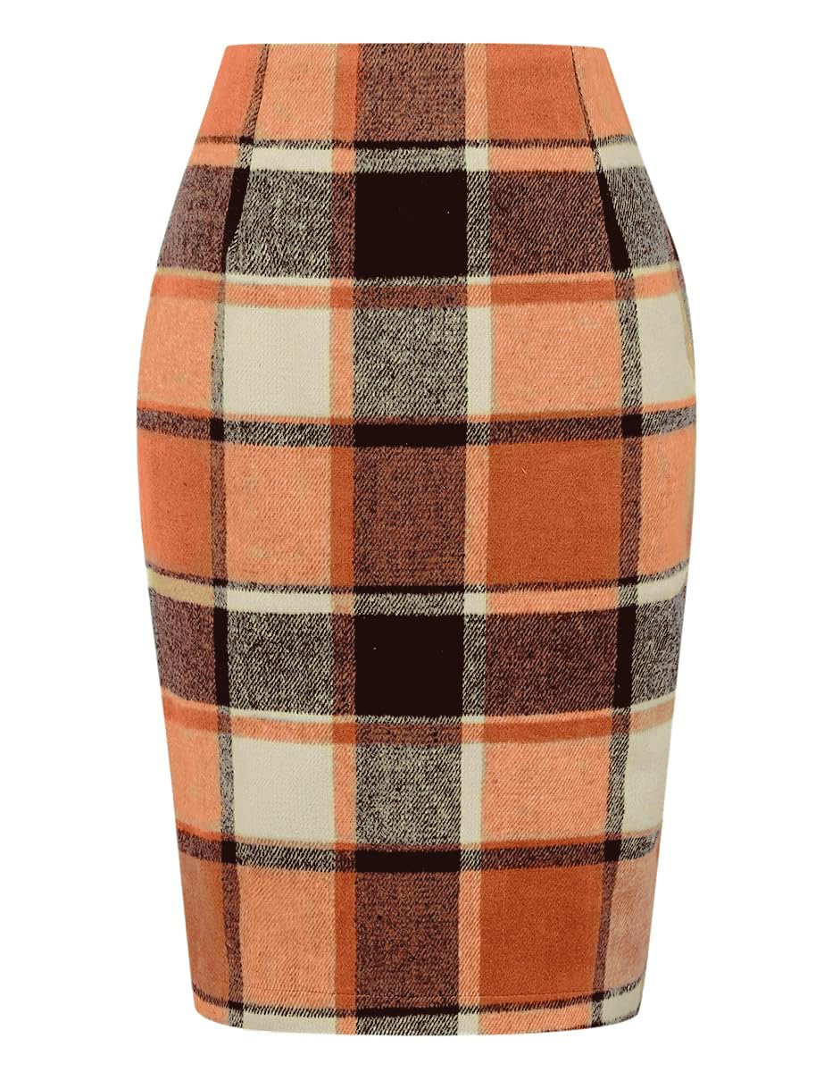 IDEALSANXUN Plaid Skirts for Women Fall Winter Knee Length Pencil Wool Skirt with Slit