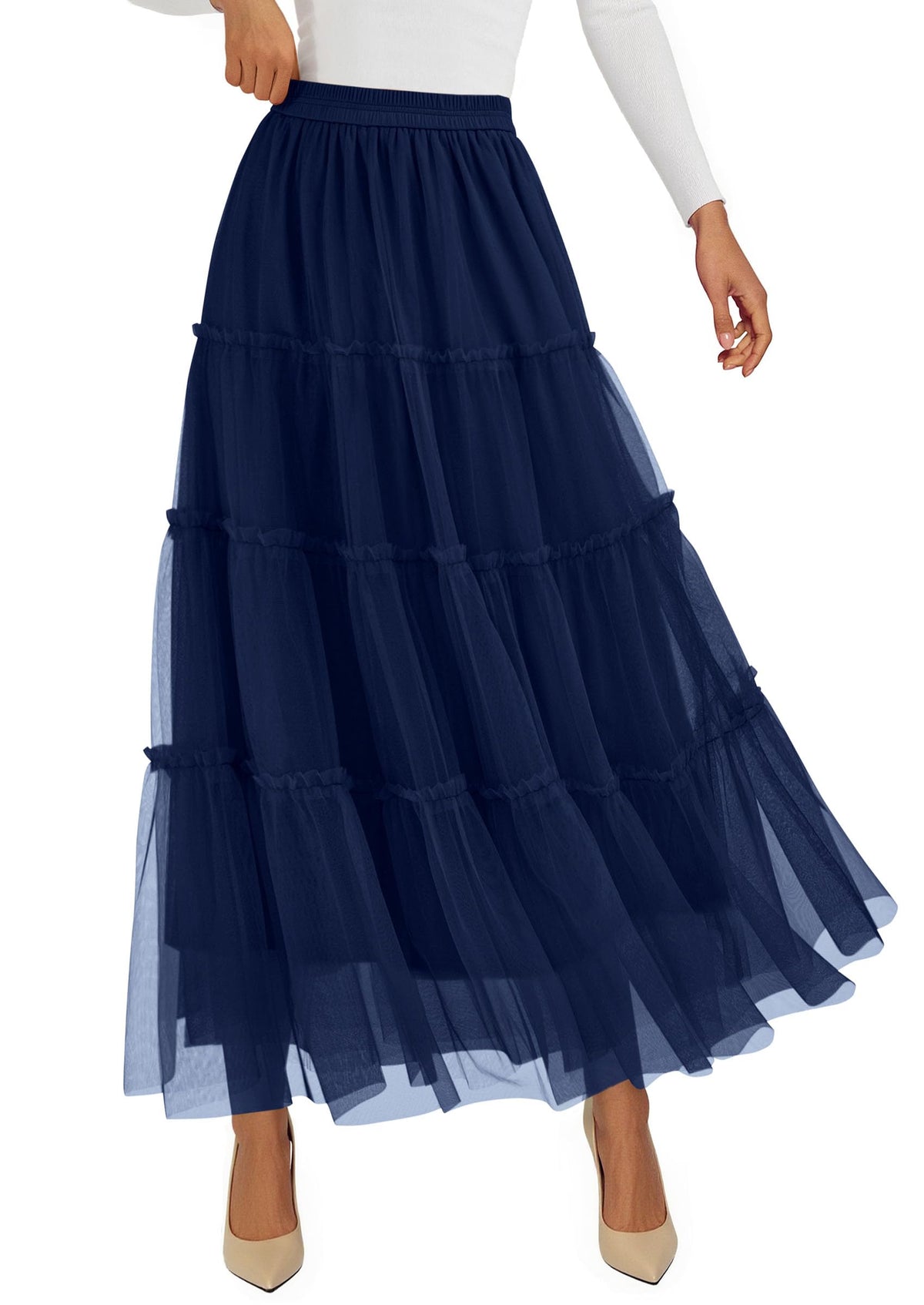 PRETTYGARDEN Women's Fall Soft Tulle Tiered Long Skirt
