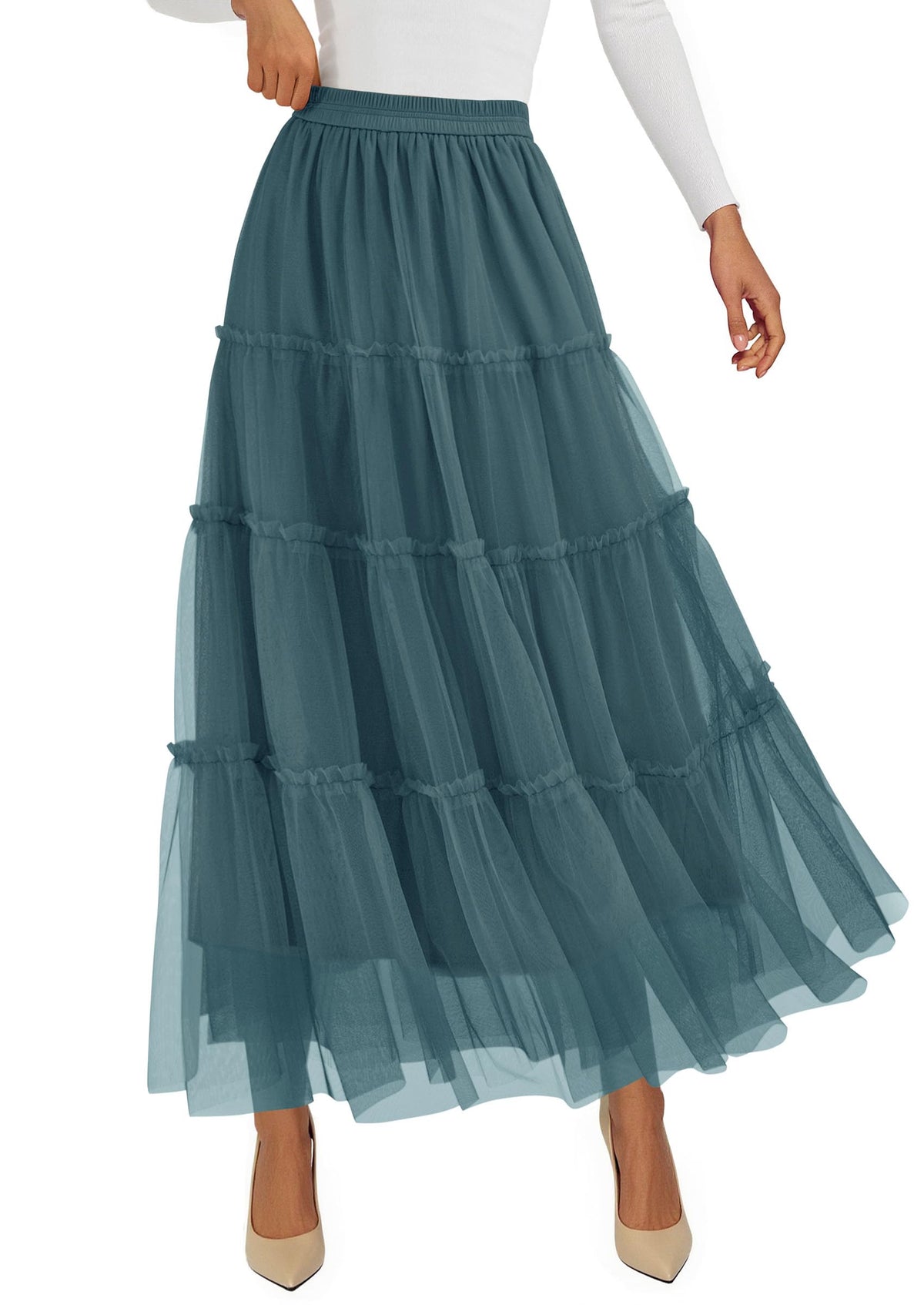 PRETTYGARDEN Women's Fall Soft Tulle Tiered Long Skirt