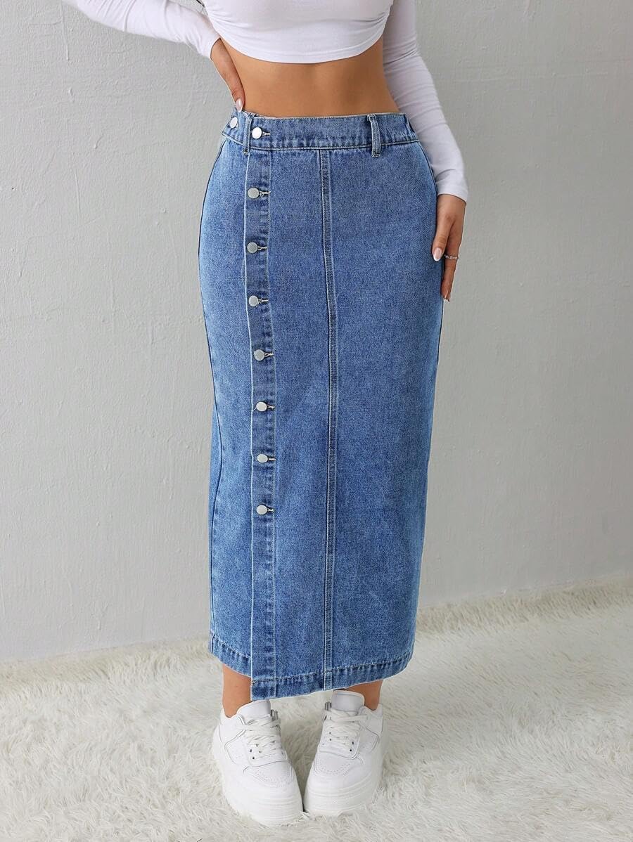 CaniBtr Women's Casual Slit Denim Midi Jean Skirt Stretch with Pockets