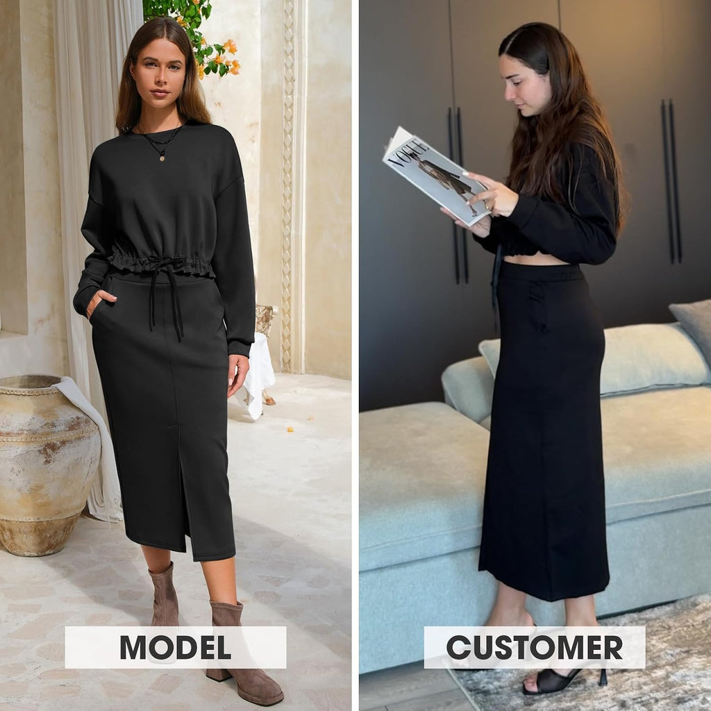 EXLURA Women Fall 2 Piece Skirts Set with Pockets Trendy Matching Outfit